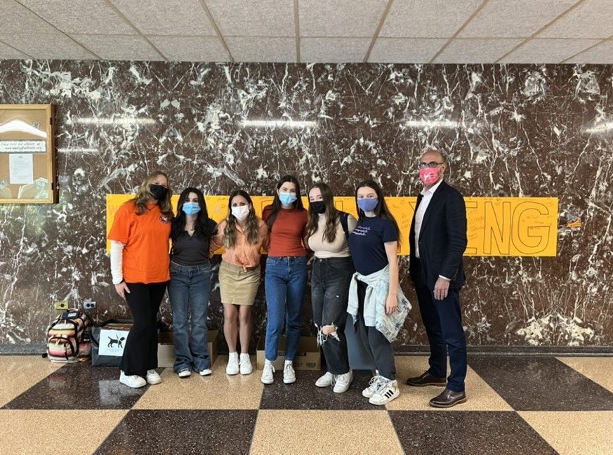 Mr. Pappas joins Lilly Sloves, Nicole Tobia, Angelina Maciak, Caitlin Wiffler, Cathryn Popadin-Lesniak, and Ashley Rice to support the Miss Wantaghs Courts goal to help end bullying in Wantagh High School. 